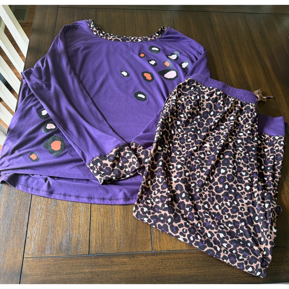 Cuddl Duds Purple Leopard Print Pajama Set Long Sleeve Top Joggers PXL Lounge